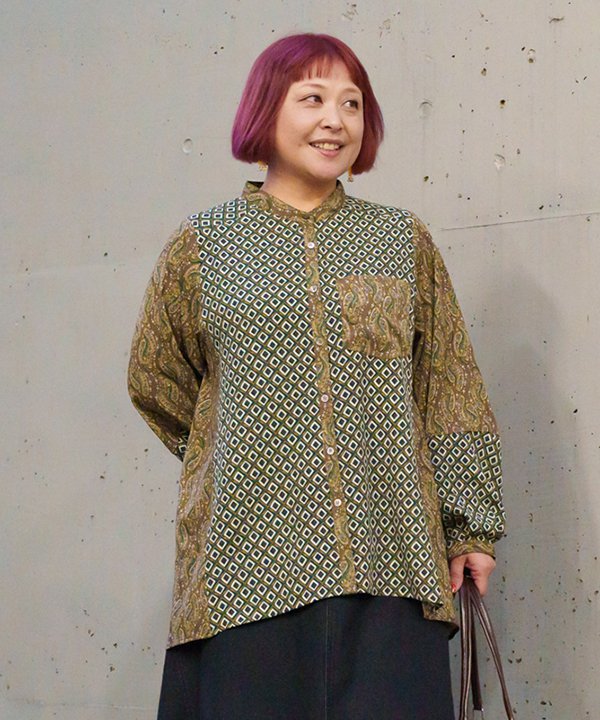 as know as ペイペイＭＩＸＳＨ レディース 大きいサイズ トップス シャツ シャツ ＳＨ バンドカラー ２ＷＡＹ ブラウジング ポケット付き ペーズリー 光沢 柄ミックス オオラカ