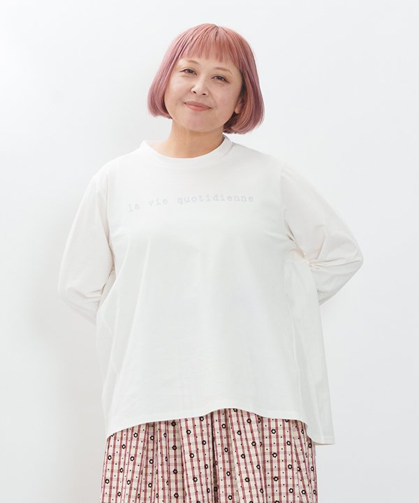 as know as 日々の暮らしバイカラーＴ レディース 大きいサイズ トップス カットソー 長袖 プルオーバー Ｔシャツ Ｔシャツ ２種類 ミックス 微配色 衿ぐり 長袖 プルオーバー ｒロンＴ 格言 アシメ プリント 細見え オオラカ
