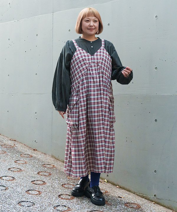 as know as 落ち感チェックＪＳＫ レディース 大きいサイズ ワンピース キャミワンピース ジャンスカ ＪＳＫ キャミワンピ 布帛 チェック 落ち感 ギャザー カーゴポケット 先染め ポケットあり オオラカ