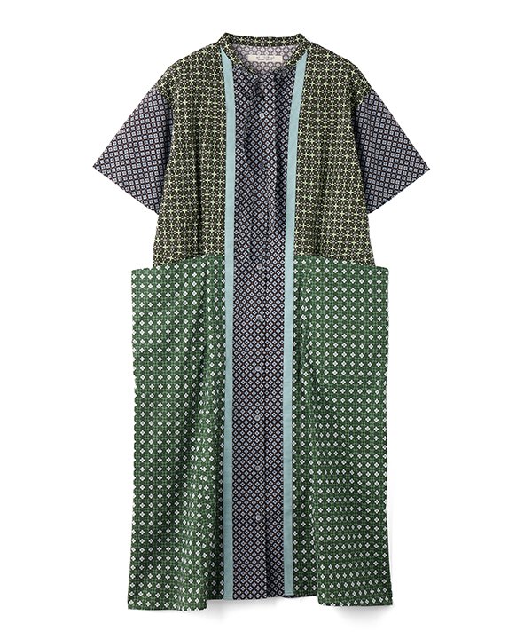 as know as キキカカプリントＳＨＯＰ レディース ワンピース 半袖ワンピース 前開き ロング羽織 半袖 ワンピース ポケット タック まぜこぜ ミックス 切替 綿 リボン テープ 配色 幾何学模様 柄 ドゥバズ