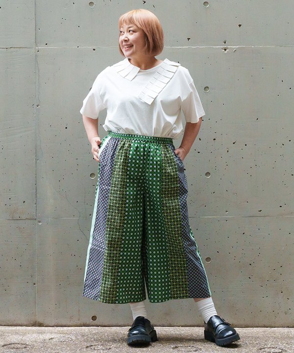 as know as キキカカプリントＰＴ レディース 大きいサイズ ボトムス パンツ ワイドパンツ パンツ ＰＴ ウエストゴム ミックス まぜこぜ 幾何学模様 柄 テープ 配色 綿 ポケット付き オオラカ｜AS KNOW AS　店
