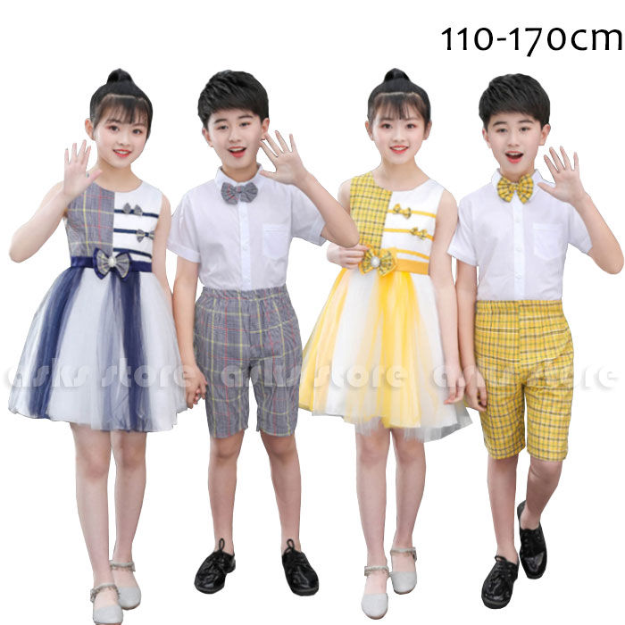 子供服 ステージ衣装 子供ダンス衣装 女の子 男の子 キッズ服 2色 ワンピース シャツ パンツ ネクタイ 舞台衣装 礼服 文化祭 学園祭 発表会 演奏会 ダンス衣装 卒業式 幼稚園 小学校 合唱団体服 チュールワンピース 紳士服 子ども ジュニア チェック柄 おしゃれ