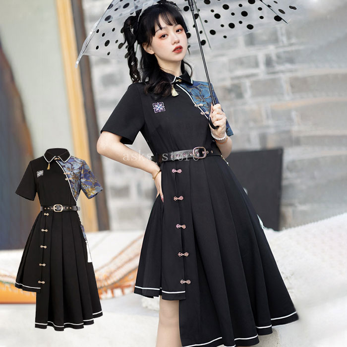 レディースワンピース チャイナ風 半袖 漢服 コスプレ衣装 ハロウイン 仮装 コスチューム チャイナボタン プリーツスカート タッセル 普段着 漢元素 ゴシック チャイナドレス 改良漢服 日常着 コスプレ 舞台衣装 演出服 学園祭 ステージ パーティードレス 写真撮影 おしゃれ
