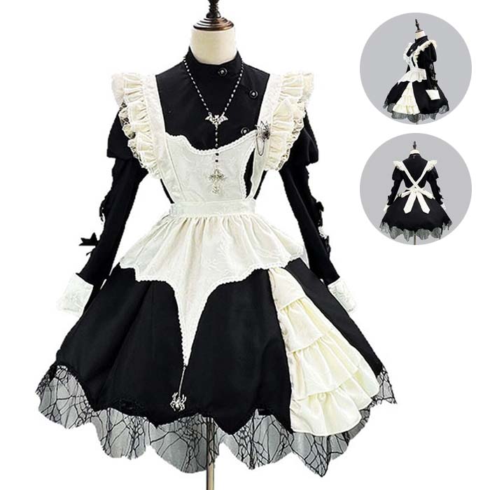 ハロウィン コスプレ メイド服 小悪魔 コスプレメイド 定番 衣装 コスチューム フルセット レース ワンピース エプロン ネックレス 仮装 衣装 ロリータ服 ゴスロリ ゴシック コウモリ 可愛い ウェイトレス メイド 男ウケ セクシー 大きいサイズ 大人 レディース パーティー