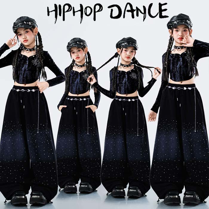 キッズ ジャズダンス 衣装 ヒップホップ ジャズダンス 上下セット 長袖tシャツ パンツ ガウチョパンツ ストリートダンス 子供 女の子 ステージ衣装 ヒップホップ カーゴパンツ 練習着 発表会 学園祭 演出服 ガールズ ブラック カッコいい 110 120 130 140 150 160 170 180cm