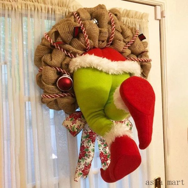クリスマス 花輪 面白い クリスマスリースを盗む サンタクロースに変装 クリスマス泥棒リース クリスマス 飾り 脚の姿調節可能 黄麻布 吊り紐 ちょう結び 2つの大きなクリスマスボール付き クリスマスツリー 壁 窓 部屋 飾り付け