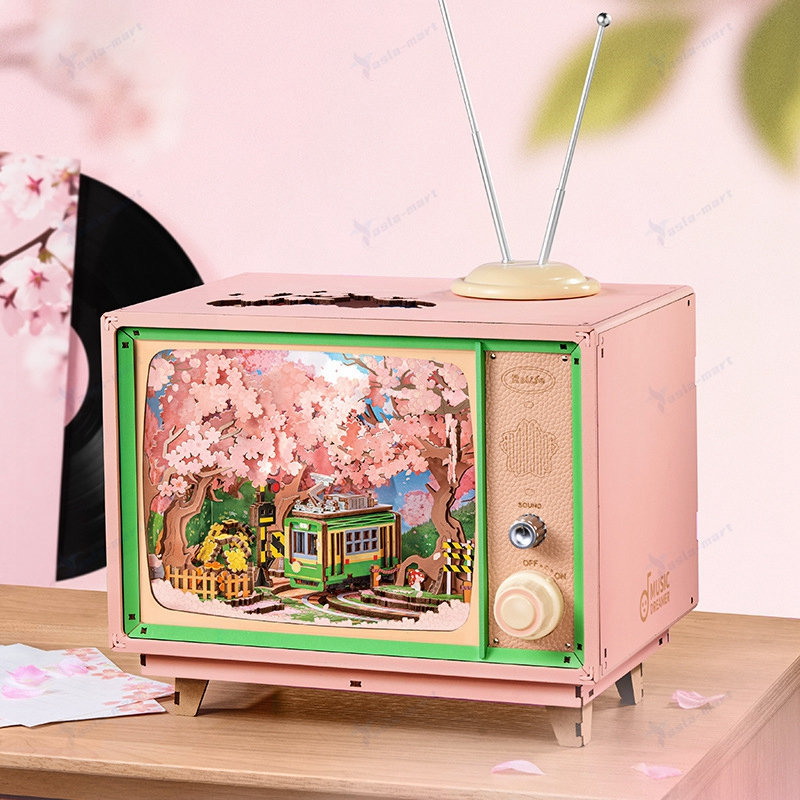 DIY八音盒 桜の電車の旅モデル｜手作り木製3D立体パズル 組み立て音楽ボックス インテリア ギフト プレゼントに最適 癒しのメロディー付き