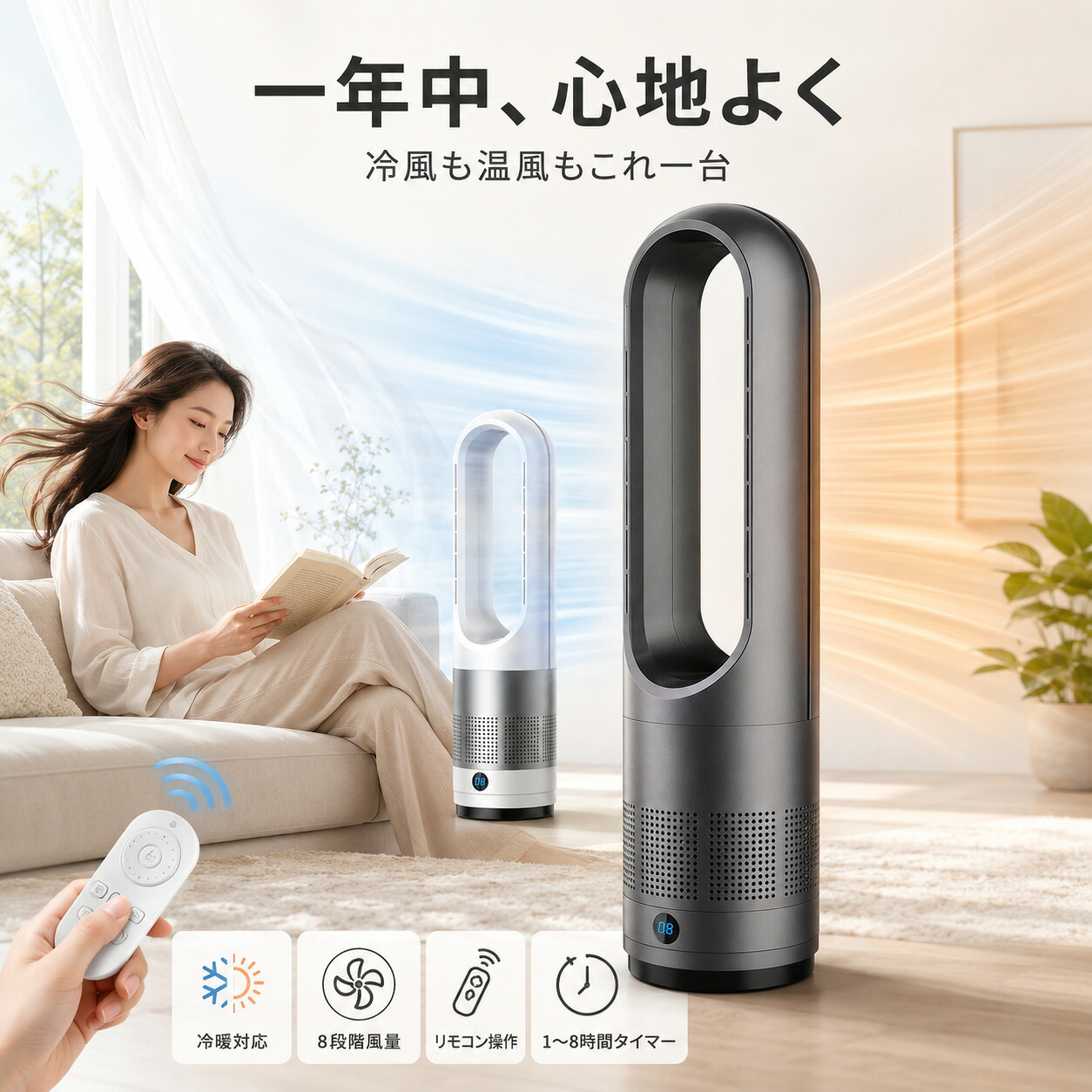 扇風機 タワーファン 羽なし 冷暖房対応 ヒーター ファンヒーター 冷風 温風 サーキュレーター 8段階風量 リモコン付き タイマー付き 静音 首振り おしゃれ スリム 省エネ 夏冬兼用｜AsmodeusJapanStore