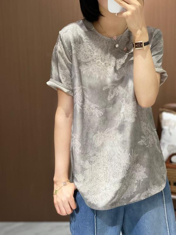 ピンク ブラウス トップス ストレートシルエット 半袖 グレー 人絹香雲紗 レディース 新中華風 夏 シャツ イエロー ラウンドネック 改良チャイナドレス風 チャイナボタン ヴィンテージ風｜アソラ