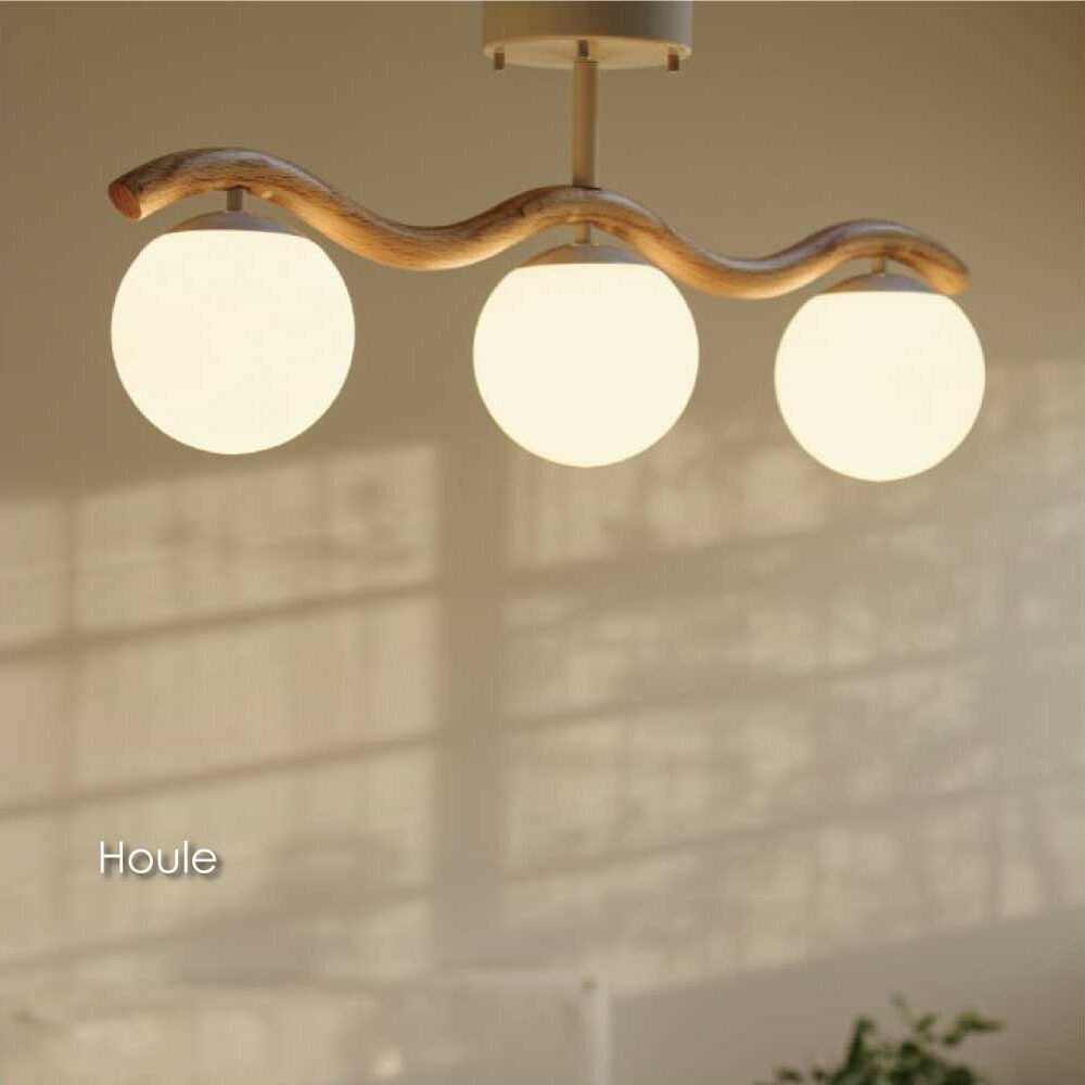 INTERFORM Houle 3灯 シーリングライト 北欧 アンティーク 6畳 多灯 レトロ 照明器具 天井照明 直付け おしゃれ かわいい ホテル ホテルライク ナチュラル ジャパンディ リビング 木目 木目調 天然木 デザイン ガラス ボール 球体 丸 LED 180W E17|asquisse