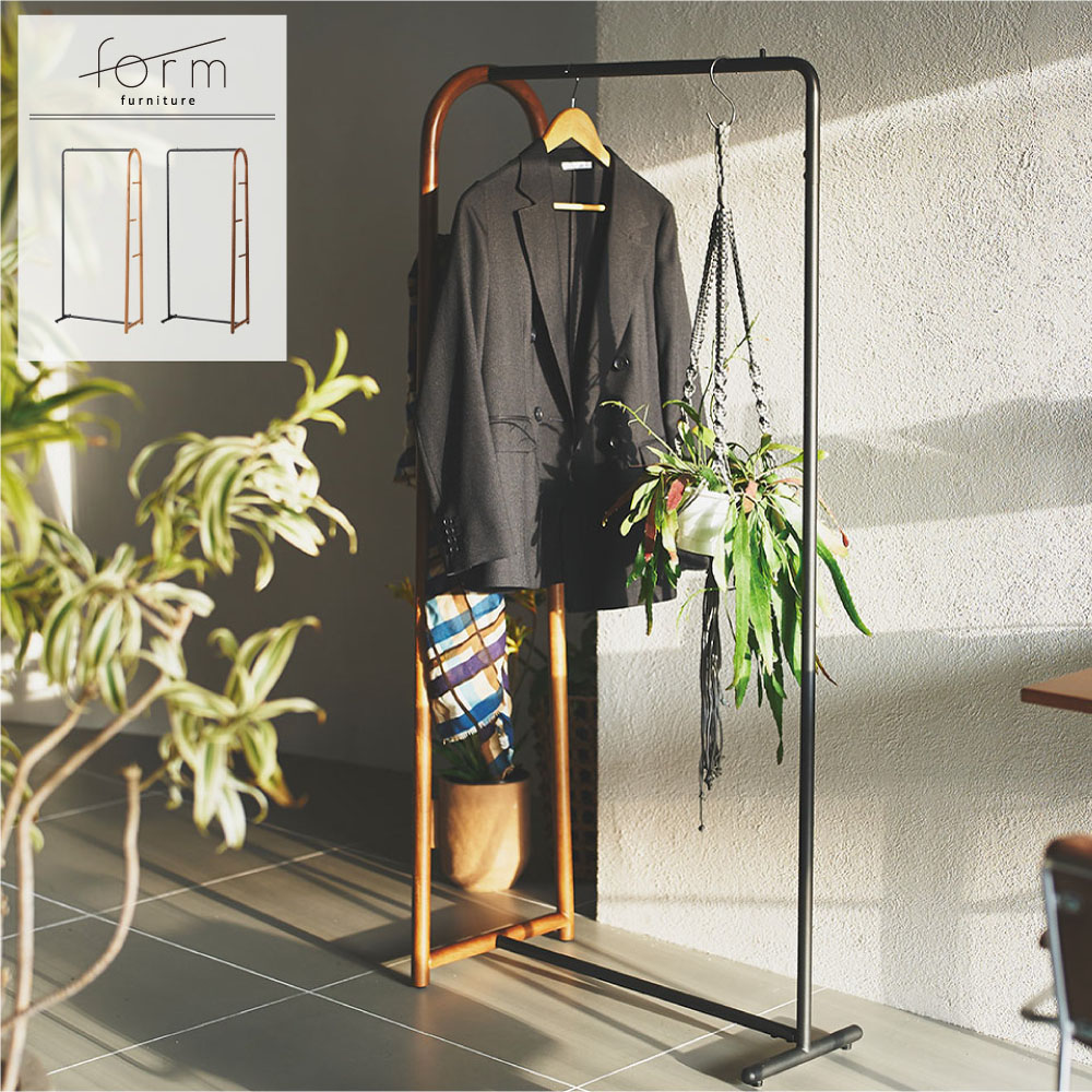 form ハンガーラック オーク天然木×スチール 異素材デザイン サイドバー付き 収納ラック コートハンガー おしゃれ 北欧 衣類 小物 バッグ 帽子 省スペース アジャスター付き シンプル モダン ナチュラル ブラウン|asquisse