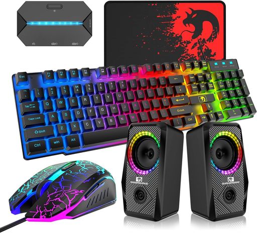 MambasnakeゲーミングキーボードマウススピーカーコンバーターセットUSBメンブレン式有線雨合羽多役立つことマルチメディアシステム手当たり2400DPI合わせるな二十日鼠6つのボタンマウスパッド付き添い人ゲーミングスピーカ…