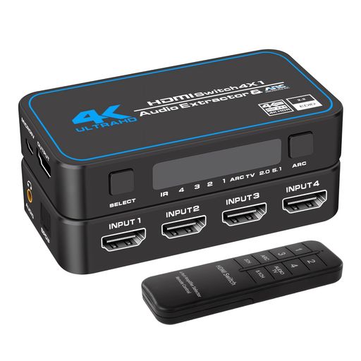 HDMI音吐引きはなす器 ARC/相応う HDMI うつり変わり器 4インプット1最終生産物4K@60サイクル取り替えっこ 音吐引きはなす役立つこと積み上げる HDR・VRR受け支える 光デジタル SPDIF /3.5粍 AUX音吐最終生産物/遠隔操作/取りまわし言いあらわす書属する