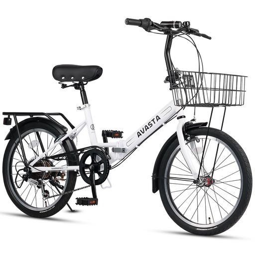 AVASTA(アバスタ)20in折りたたみ銀輪 7段変速歯車 短距離移し替える通い通学パウダーコンパクト納める 前カゴ/錠ロッカー/取りはらい能力のあるLED点火装置付き添い人 艶消し白白いこと
