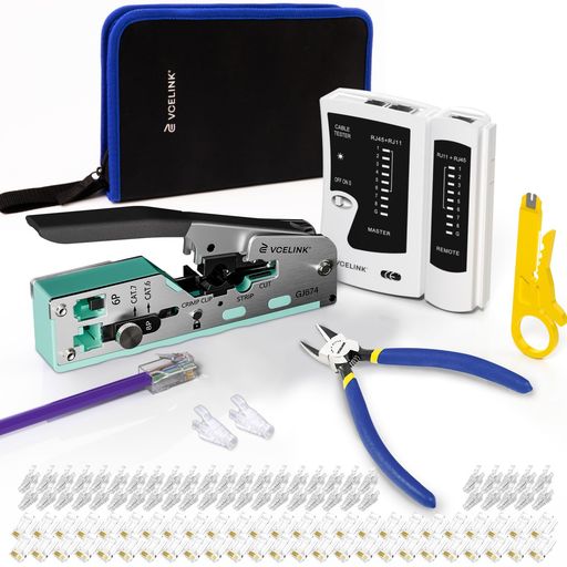 VCELINKRJ45かしめ物の具一揃いの道具CAT7CAT6ACAT6CAT5ECAT5相応うローカルエリアネットワークチェッカー圧着物の具委しいニッパー突きとおる式RJ45繋ぎ+保護すること取りまかなう50Pcs付き添い人布製御徒面子に入り