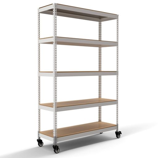 メタル&ウッドラック(METAL&WOOD RACK) ラック 棚 5段 大型キャスター付き 頑丈 耐荷重110KG 【シェルフ・キャスターセット】 幅121x奥行41x高さ191CM 組立品 ホワイト 白 MK-A825NCAWH｜Astalio