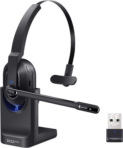 EKSA業務用ワイヤレスヘッドセットBluetooth片耳USBドングル付属通話ノイズリダクション単一指向性マイク搭載オフィス用超軽量最大45時間使用充電スタンド付きハンズフリー通話web会議用コ…