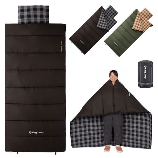 KingCamp寝袋シュラフ封筒型枕付きフランネル冬用2.4KG快適温度5°C保温防水コンパクト軽量アウトドアキャンプ車中泊防災用丸洗い可収納パック付きブラック