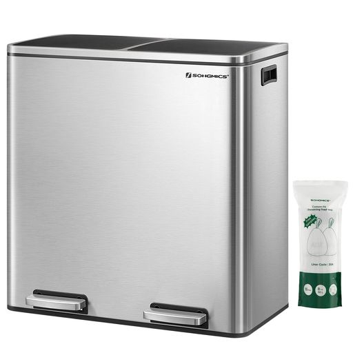SONGMICSゴミ箱ダストボックス2分別ゴミ袋付きペダル式2x30Lインナーバケット二つステンレス密閉音無しおしゃれスリム室内キッチン蓋付きLTB60NL