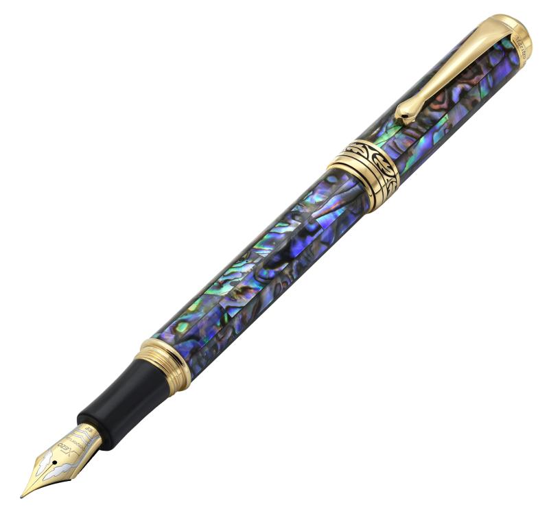 Xezo マエストロ 万年筆 極細ペン先 (0.3mmライン) Gift of Writing Series 18K 金メッキ パウアアワビ ハンドメイド 連載済み 各ユニーク｜アスターショップ