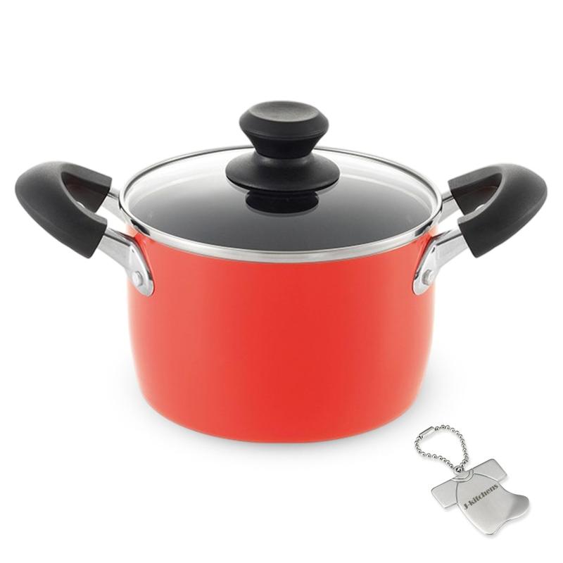 J-kitchens シチュー ポット 両手鍋 16cm 強化 ガラス蓋付 ガス IH対応 ゴールドマーブルふっ素樹脂加工 オリジナル カンキリくんT 付