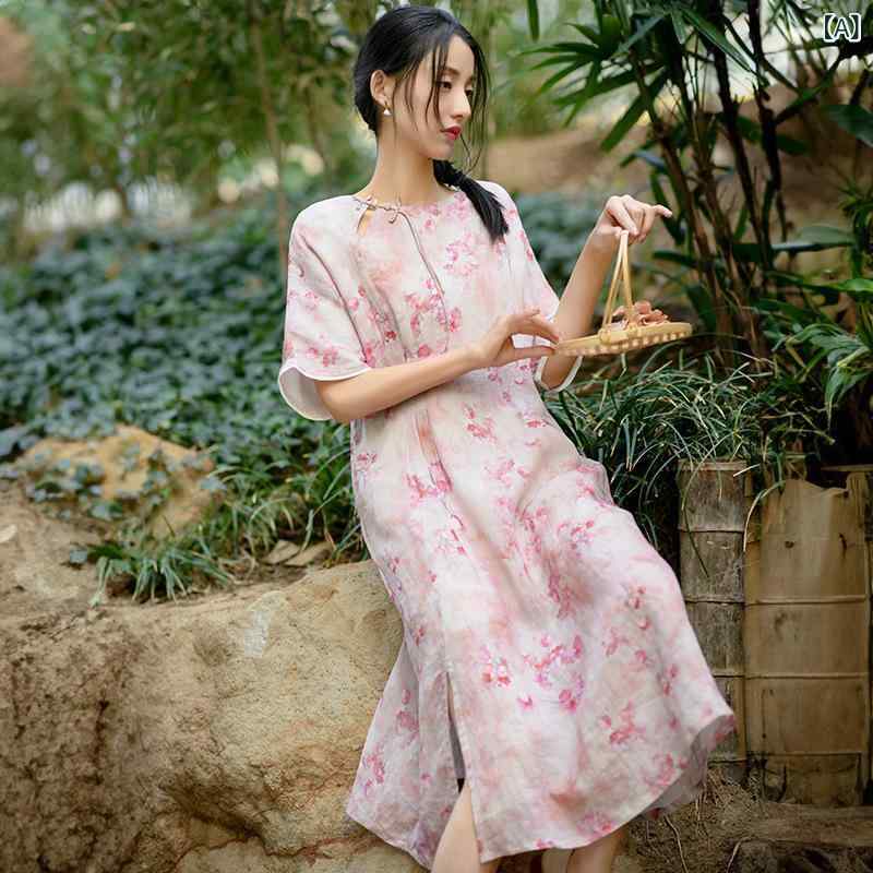 ワンピース レディース ?麻 フレッシュフラワー プリント Aライン ロングスカート 丸首 5分袖 ゆったり腰 春夏 杏粉 杏緑 復古風 気質 エレガント 軽量 通気性 良い 綿麻 ミックス インディゴ 麻 素材 日常使い 夏服 女性用 ロマンチック ス|アスターショップ