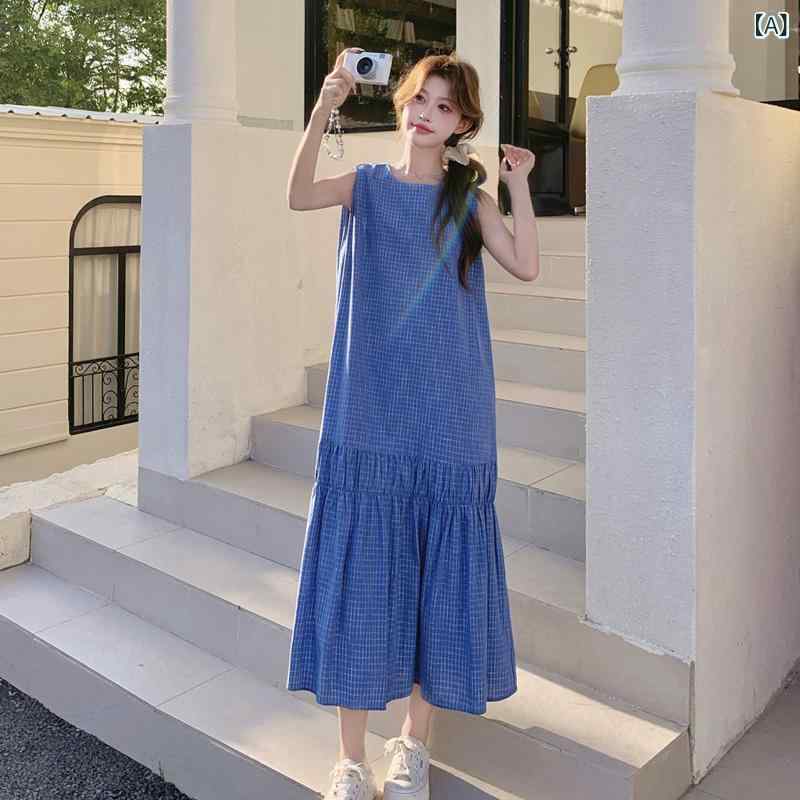 リアル ショット 韓国 文学 ブルー チェック 柄 ノースリーブ ドレス 女性の ための 夏の 2025 新しい ルーズデザインベストロングスカート|アスターショップ