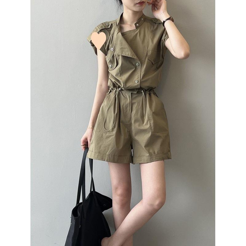 オールインワン サロペット レディース つなぎ 半袖 フレンチスリーブ 襟付き シャツ風 ショートパンツ ハーフパンツ ハイウエスト ドローストリング ウエストゴム ポケット付き 綿 コットン カジュアル 通勤 通学 普段使い ブラック カーキ|アスターショップ