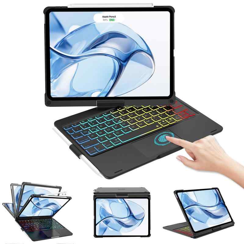 【2024年新型】iPad用 鍵盤 入れもの Bluetooth 7色虹霓＆呼吸作用うしろ側点火装置 360°回転させる 180度フリップ 原則として型 かっこ良い鍵盤 タッチパッド付き添い人 書き込み保持者付き添い人