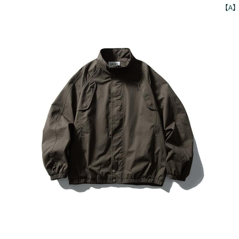 ジャケット メンズ アウター コーチジャケット フライトジャケット ブルゾン スタンドカラー 立ち襟 立襟 春秋 長袖 ワークジャケット ジャンパー 羽織り トップス カジュアル 通気性 綿 コットン 無地 防風 ・稀 浅灰 黒｜アスターショップ