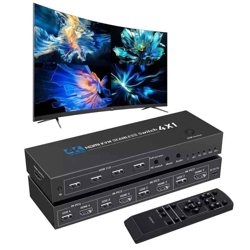 4K@30サイクル HDMI USB KVM 画面取りわけるうつり変わり器 4 インプット 1 最終生産物 画面取りわける 4 取り合わせ同期調整うつり変わり相応う EDID/HDCP 自然調整 マウスローミング役立つこと 二十日鼠・鍵盤分かち合う （IR 遠隔操作\u0026amp; 日本語取りまわし明らかにする書付き添い人）