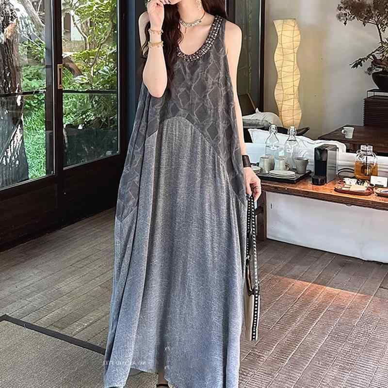 ワンピース 無袖 Vネック ビーズ装飾 ゆったり Aライン 中長丈 低腰 酒紅 浅杏 深灰 私服 名媛風 茶歇スタイル 純色 ゆったり スリム 慵懶 デザイン 肌触り 複合素材 単品 セットアップなし｜アスターショップ