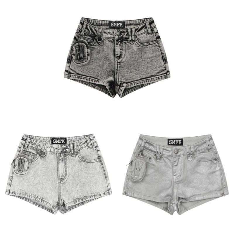 デニム ショートパンツ 女性用 低腰 直筒型 綿素材 切り替えデザイン 微弾性 軽量 春夏 星空銀 塵埃灰 ストリートスタイル ヴィンテージ風 普段使い 通勤用｜アスターショップ