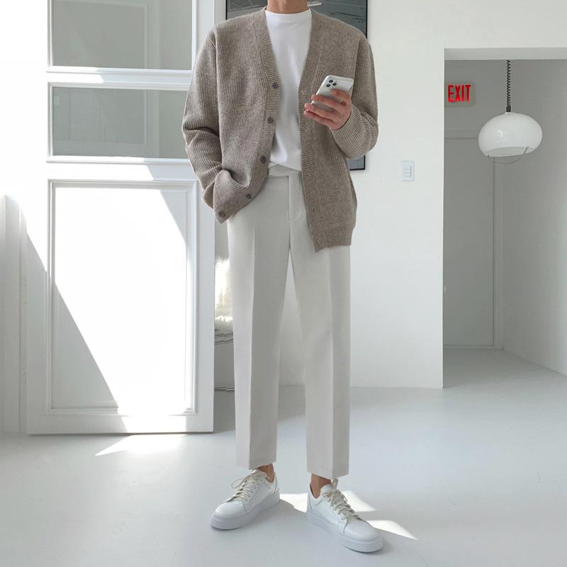 メンズ パンツ 秋季 韓国風 ゆったり トレンド ストレート ワイドレッグ ドレープ 膝下丈 スーツパンツ 黒 浅カーキ グレー 聚?繊維 ポリエステル 混紡 95% ゆったりシルエット ストレートシルエット ワイドシルエット ドレープ感 膝下丈 スーツ|アスターショップ