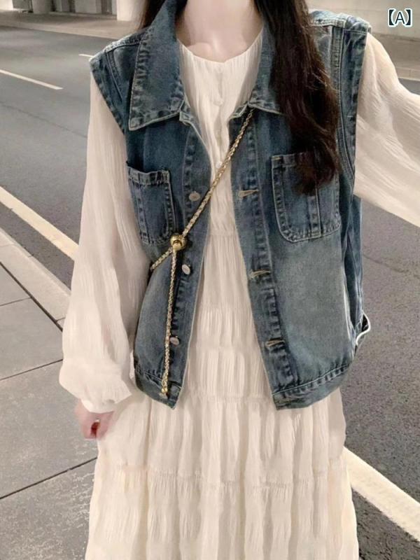 秋の 服と 韓国 系の セットを 合わせて デニムの ベストを 着ます。｜アスターショップ