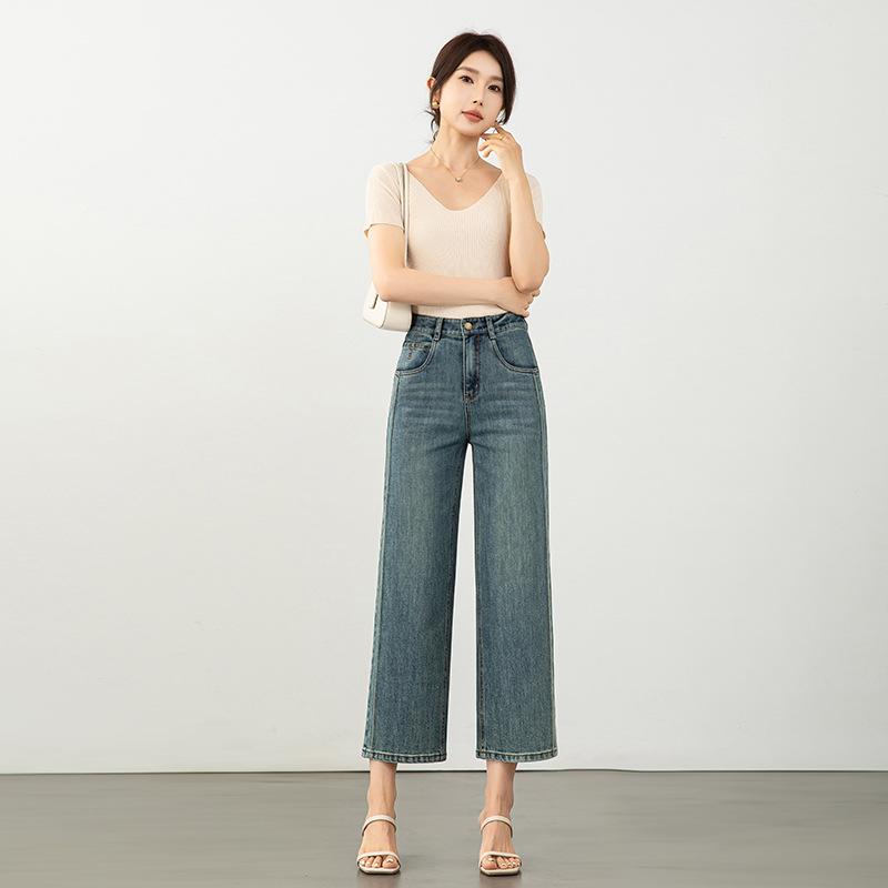 デニムパンツ ハイウエスト テーパードパンツ レディース 9分丈 細身 ストレートパンツ 伸縮性あり 普段使い カジュアル 快適]｜アスターショップ