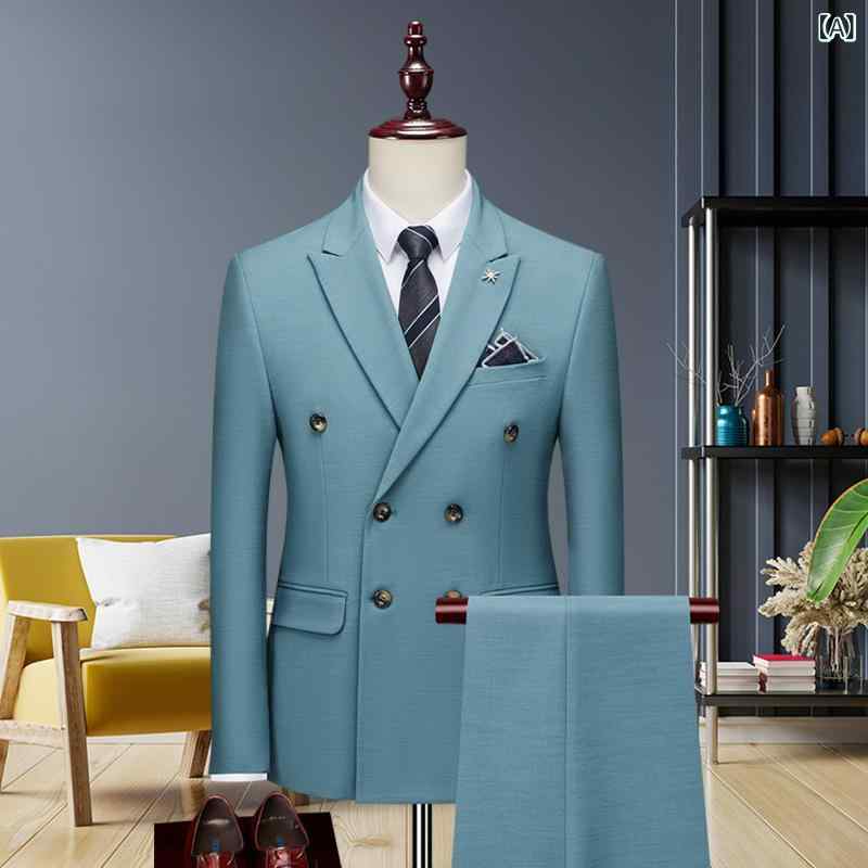 メンズ 西装 セット ビジネス 休? 修身 ダブルブレスト スリット 礼服 免? ポリエステル 湖ブルー ブラック ミルクホワイト 杏色 コットンブルー 長袖 ノッチラペル ボタン ポケット 直裾 青年 日常 四季 オールシーズン 韓版 スリムフィット ｜アスターショップ