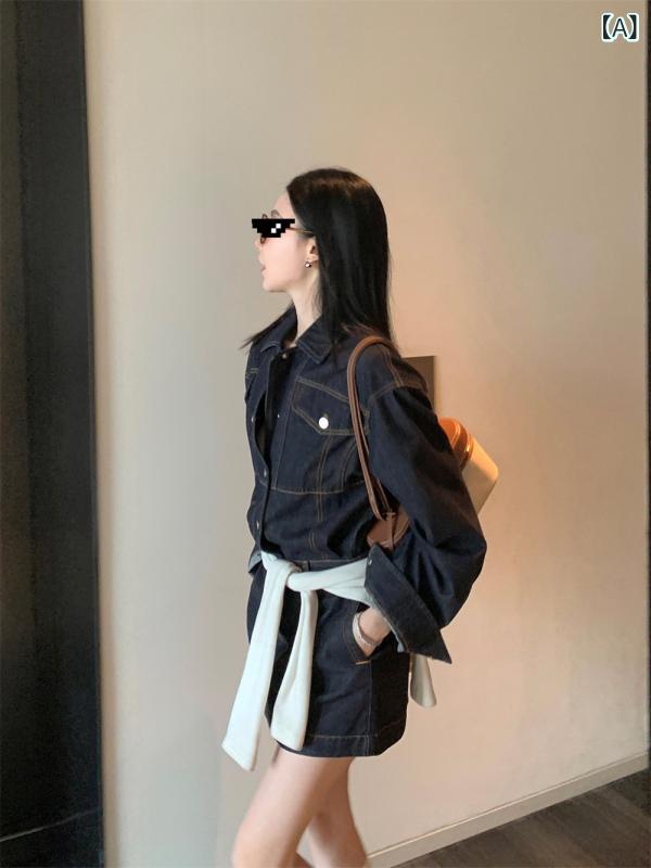 ワンピース レディース 春季 コットン ポリエステル 洗いざらつき デニム 風 スカート 気質 通勤 風 復古 短め A ライン ミドル丈 高腰 収腰 スリム 方領 長袖 セットヘッド 霧霾 ブルー ファッション 気質 通勤｜アスターショップ