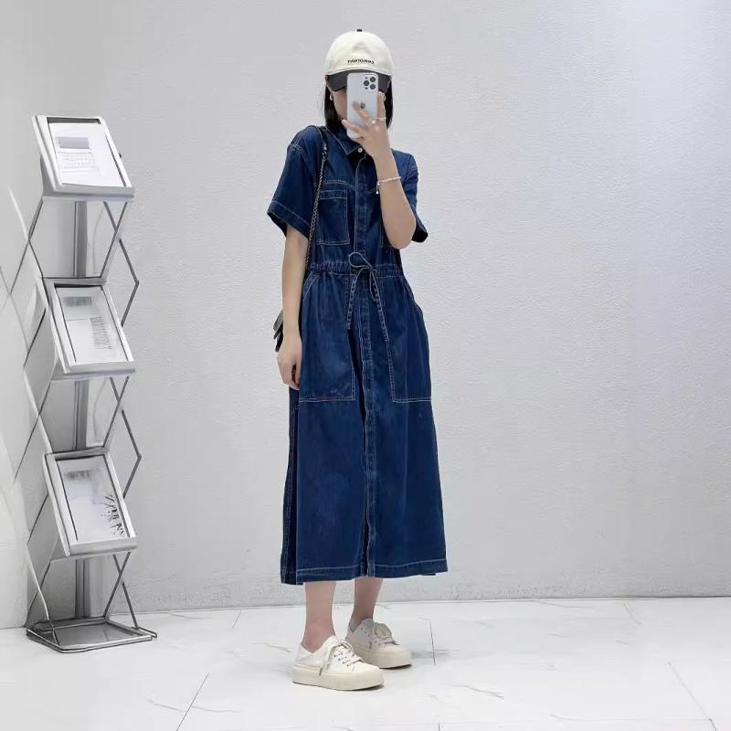 ワンピース コットン デニム 深藍 ポロカラ 短袖 高腰 切り替え 修身 中長丈 ボタン ポケット 日韓 カジュアル 日常 街歩き トップス スカート 単品 レイヤード 軽量 通勤 普段使い ユニセックス｜アスターショップ