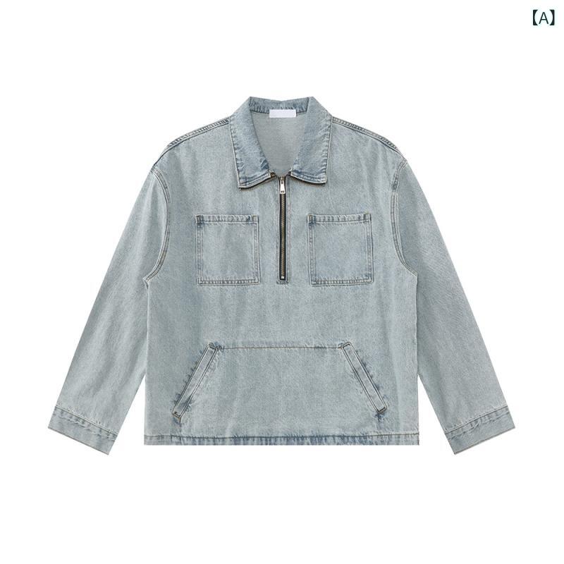 メンズ ジャケット 半ジップ 工装風 多ポケット 復古 スタンドカラー ルーズ トップス 日常 春 綿 素材 95% 粘着繊維 5% コットン 100% 青 ・柑其 青年 18-24歳 韓国風 普通厚|アスターショップ