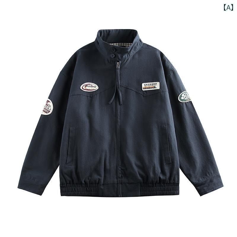 ジャケット メンズ レディース 春秋 メンズ レディース 工装 ジャケット 立領 ラベル 加工 ビンテージ 風 アメリカン スタイル コットン 95% ポリエステル 裏地 95% 透気 耐摩耗 防風 ルーズ フィット ジップ アップ 長袖 ステッチ ポケ｜アスターショップ