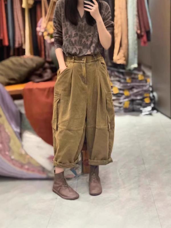 レディース 九分 工装パンツ ハーレム ワイド デニム コットン ミックス 炒色 ヴィンテージ風 加工 大型 ポケット ミリタリー スタイル 厚手 無弾性 ミッドライズ 春 シーズン デイリー 使い カジュアル コーデ 通勤 普段着 アウトドア ブラック｜アスターショップ