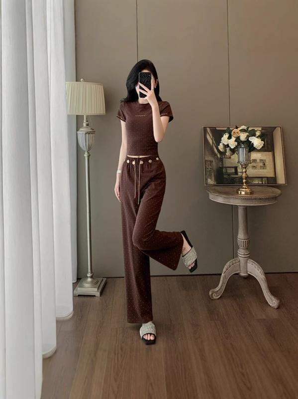 レディース セットアップ 夏用 コットン混紡 トップス ワイドパンツ 切り替え ホットフィックス コーヒー かわいい 快適 軽量 カジュアル 普段使い｜アスターショップ 8,126円