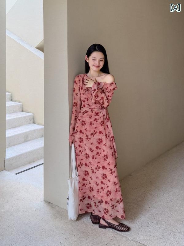 ワンピース レディース 春夏 斜肩 長袖 ロング スカート ハイウエスト 荷叶? ビッグシルエット 花柄 プリント 雪? 生地 ニット ナイロン 素材 ピーチ ピンク 色 修身 スリム フィット タイプ ラック ジッパー デザイン 度假 スタイル 私服 ｜アスターショップ
