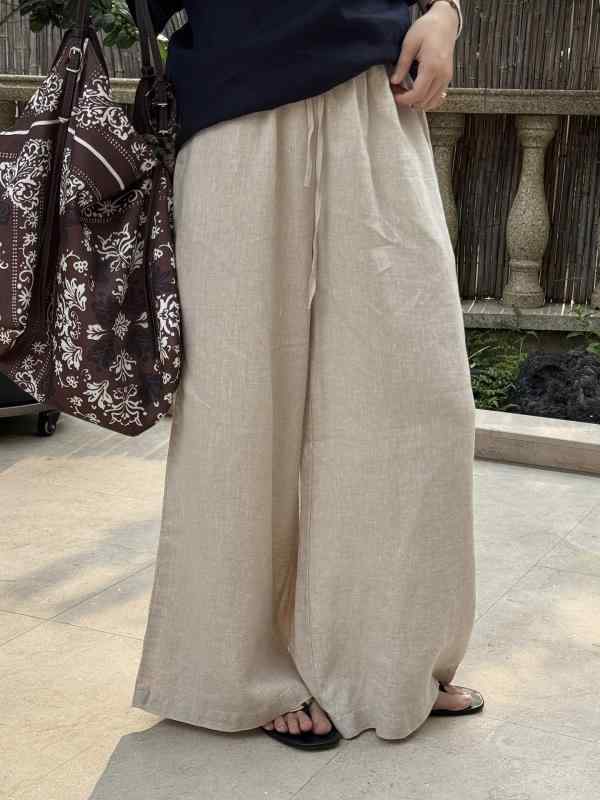 レディース ワイドパンツ 麻 素材 軽量 乾きやすい ゆったり シルエット 松腰 薄手 微弾性 切り替え デザイン 白色 麻色 長丈 夏 春夏 日系 韓国風 カジュアル|アスターショップ