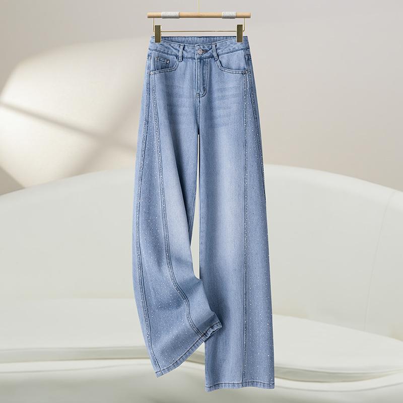 レディース デニムパンツ 高腰 ワイドレッグ ストレート 長ズボン コットン ポリエステル 混紡 通勤 スタイル 気質 ポケット 付き 垂感 スリム フィット ブルー グレー ミルクグレー 春季 オールシーズン 軽量 伸縮性 なし 立体裁剪｜アスターショップ