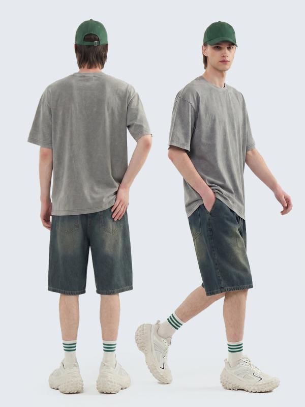 Tシャツ メンズ 半袖 カットソー トップス ビッグシルエット オーバーサイズ ヘビーウェイト 厚手 綿 コットン 五分袖 丸首 クルーネック ヴィンテージ風 ウォッシュ加工 無地 カジュアル ストリート系 春夏 秋冬 オールシーズン 黒 杏 灰|アスターショップ