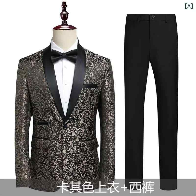 メンズ スーツ セット 修身型 ジャケット パンツ コットン混紡 粘繊 74.8% 青果領 単排 ボタン 後中開・楷 提花 軽ビジネス スタイル 休? シーン オールシーズン 2023夏 金 酒紅 黒 青｜アスターショップ