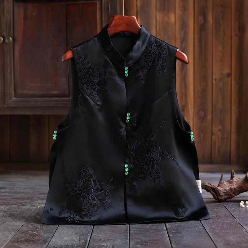 ベスト レディース ジレ ジャケット ノースリーブ アウター チャイナドレス風 刺繍 チャイナボタン 立ち襟 アセテート繊維 レトロ ヴィンテージ風 花柄 杏 黒 春 上着 トップス|アスターショップ