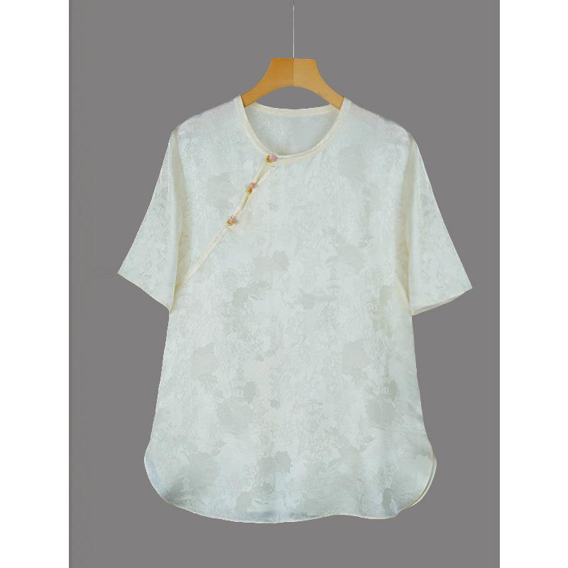 シャツ レディース トップス Tシャツ カットソー 半袖 シルク 絹 羅 チャイナドレス風 斜め襟 ゆったり 体型カバー カジュアル レトロ エスニック チャイナ風 禅 部屋着 お茶会 上品 アイボリー ピンク｜アスターショップ
